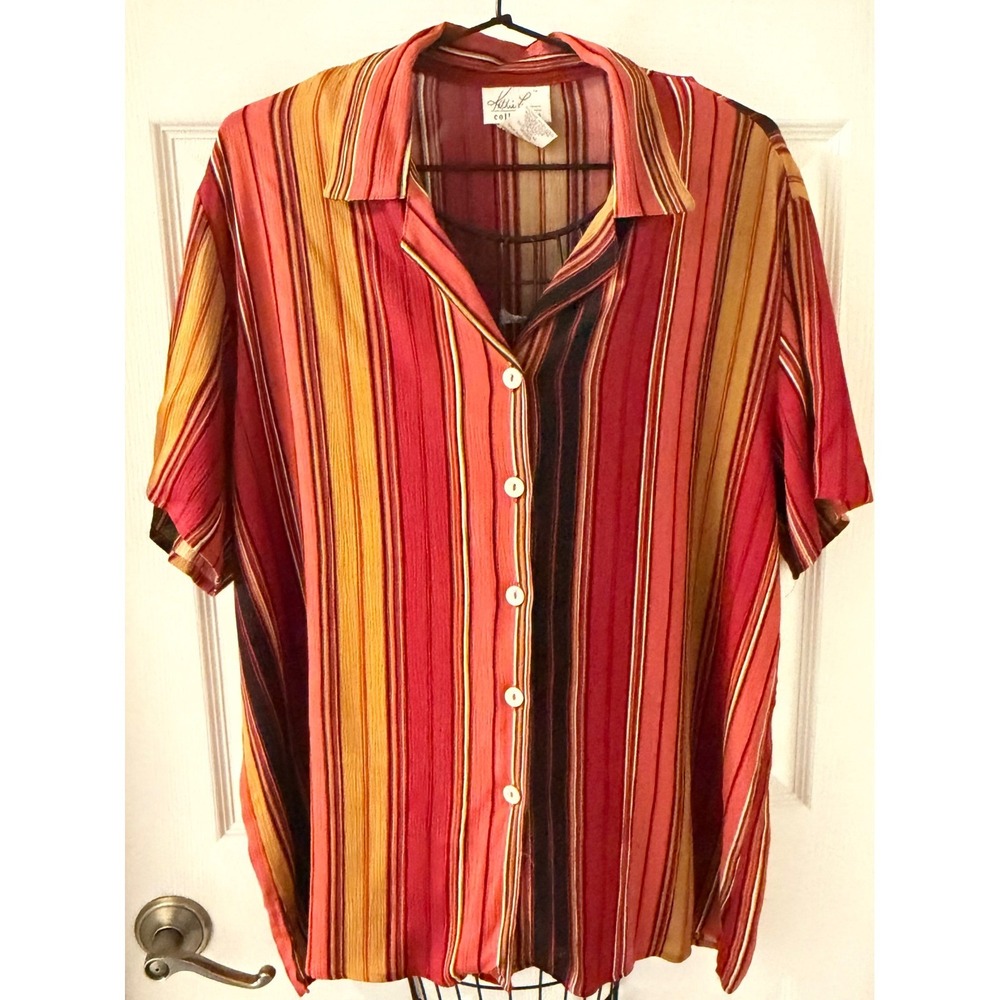 Kathie Lee Collection Red Orange Striped 100% Rayon Button Front Blouse